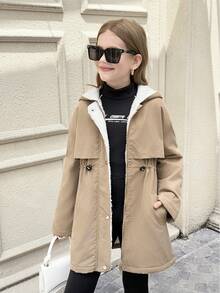 SHEIN 少女服装，纯棉水洗保暖内衬夹克，卡其色中长外套，适合返校、开学典礼、日常穿着、上学、旅行、运动、冬季、圣诞节等场合。 - 卡其色 - 查看 1