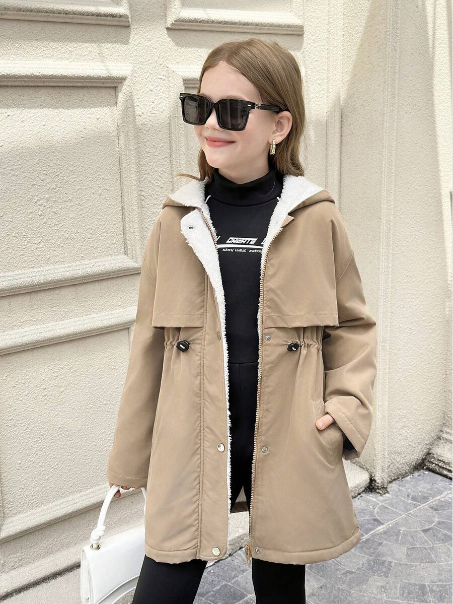 SHEIN 少女服装，纯棉水洗保暖内衬夹克，卡其色中长外套，适合返校、开学典礼、日常穿着、上学、旅行、运动、冬季、圣诞节等场合。 - 卡其色 - 查看 1