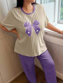 SHEIN Plus Size Women Knitted Ribbed Bow Embroidered Round Neck Short Sleeve Pants Casual Pajama Set - Purple - View 5
