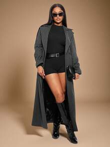 Radiana 灰色条纹羊毛风衣外套，长款羊毛大衣，冬季通勤时尚长款大衣长款细条纹西装外套女款细条纹大衣条纹风衣 - 深灰色 - 查看 3