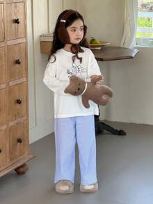 DAZY 2pcs Young Girl Girls Knit Printed Long Sleeve T-Shirt + Woven Striped Pants Loungewear Set, Fall - Blue - View 3