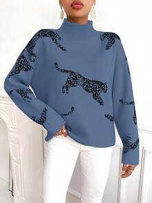 SHEIN LUNE Women's Casual Oversized Leopard Animal Print High Neck Loose Sweater, Autumn/Winter - Dark Blue - View 5