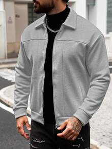 Manfinity CasualCool Áo khoác nam trơn màu thường ngày có khóa kéo, vai trễ, phong cách mùa thu/đông, giải trí hàng ngày, chuyến đi cuối tuần, hoạt động ngoài trời, thám hiểm du lịch, môi trường làm việc thoải mái hoặc những dịp bán trang trọng, quà tặng bạn trai/chồng, quà kỷ niệm, giáng sinh - Màu Xám nhạt - Xem 3