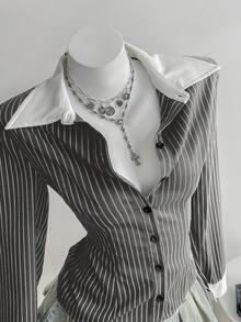 SHEIN Unity 黑色条纹亚麻面料撞色白领纽扣衬衫，复古优雅通勤休闲日常女装，春秋季 - 灰色 - 查看 5
