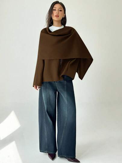 Aloruh 新款复古海军蓝大衣、围巾、披肩、斗篷、纯色短款大衣，适合初秋至深冬