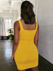 INAWLY Solva 女士纯色宽肩带简约修身连衣裙，休闲日常穿着 - 黃色 - 查看 2