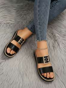 Sandalias mujer suela gruesa cómoda recubierto hebilla grande estilo casual banda ancha moda primavera verano vacaciones - Negro - Ver 2