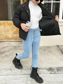 SHEIN 少女休閒百搭街頭風大廓型高領加厚短版彈性下擺填充外套，黑色女童填充外套 - 黑色 - 查看 11