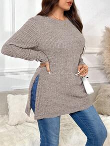 SHEIN Frenchy 大码开叉下摆纯色圆领休闲针织长袖T恤 - 駝色 - 查看 3