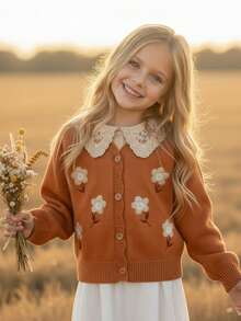 Blossori Young Girls' French Elegant Floral Embroidered Button-Front Knit Cardigan, Little Girls Button Up Sweater,Cozy Fall & Winter Styles - Yellow - View 8