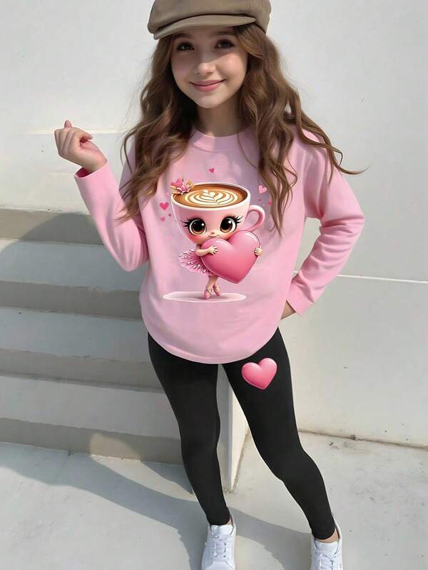 Elladie kids Fall Sets Young Girls Casual Fashion Creative Personalized Fresh Minimalist Cute Kawaii Cup Ballet Girl Heart Shaped Pattern Print Casual Long Sleeve T-Shirt And Leggings Suit, Comfortable Outfit Suitable For Autumn/Winter Young Girls Atmosphere Wear