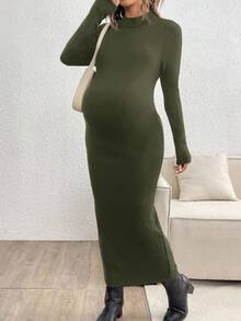 SHEIN 纯色舒适保暖长袖孕妇装，简约日常穿着 - 綠色 - 查看 5