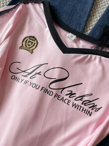 1pc Teen Girl Sweet & American Style Fitted Patchwork Contrast Color Floral Print T-Shirt With Lace Trim, Summer - Pink - View 4