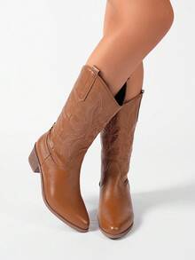 Styleloop Bottes de cow-boy à bout pointu de style occidental marron, à talon épais avec broderie. Tenue de mode pour l'automne/l'hiver, Noël, Halloween