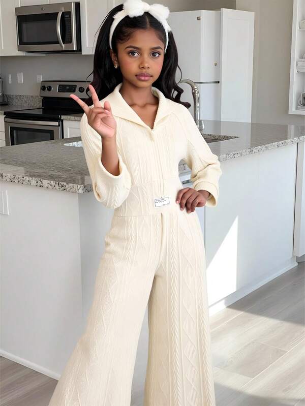 Tween Girl Casual Apricot Knitted Jacquard Hooded Zipper Front High Waist Jumpsuit, Suitable For Daily Outings