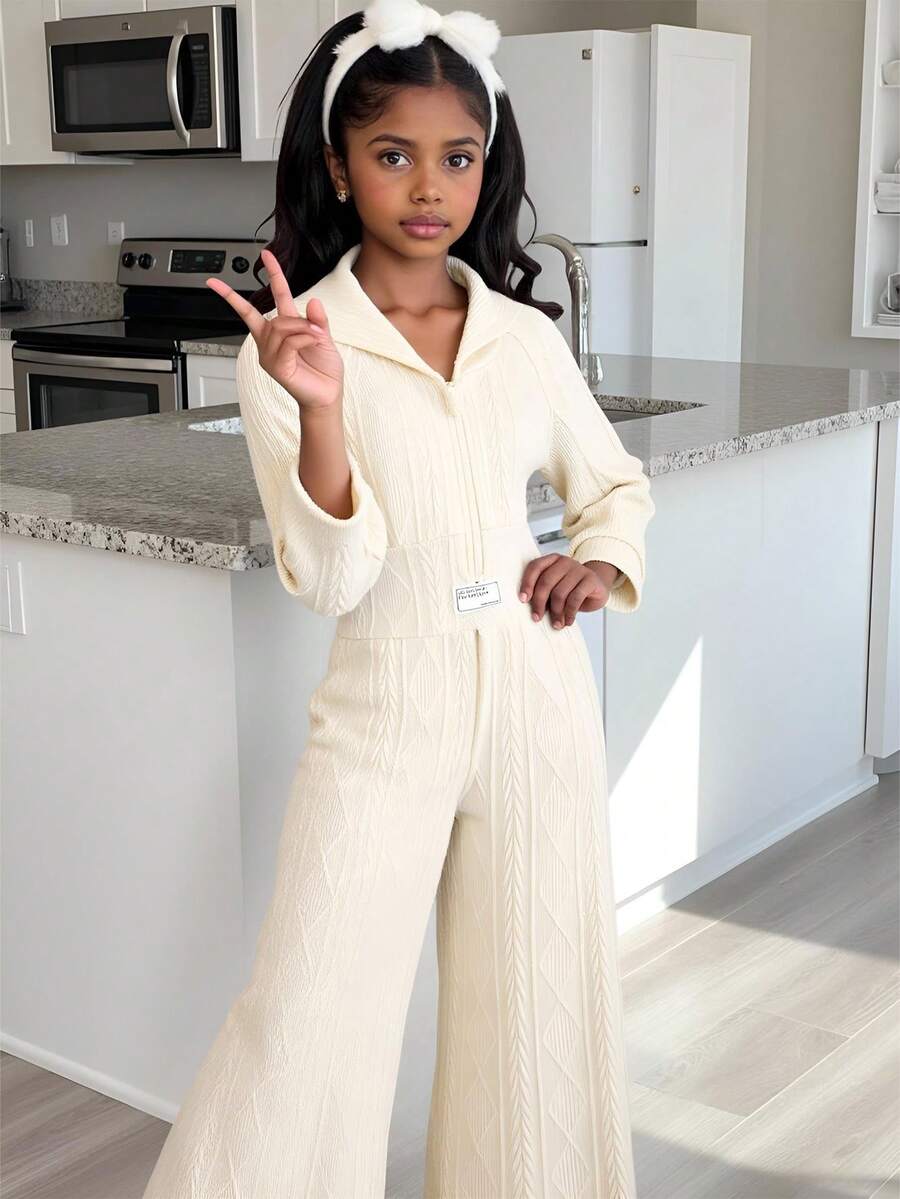 Sparklyn 青少年女孩休闲杏色针织提花连帽拉链高腰连体裤，适合日常外出 - 杏色 - 查看 1