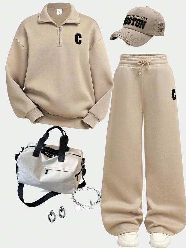 Girlism Tween Girl Letter Print Half-Zip Hoodie And Pants Casual Outfit Set Girl Sweatpants Set Hoodie And Sweatpants Set Sweat Sets Tweens Comfy Sweats For Girls Young Girls Sets Sweatshirt Straight Pants Suit