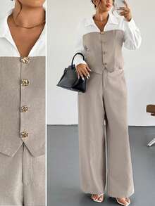 Firerie 加大码杏色仿亚麻拼布衬衫和宽松直筒西装裤两件套，休闲优雅，适合通勤、教学、返校、商务休闲办公穿着 - 彩色 - 查看 6