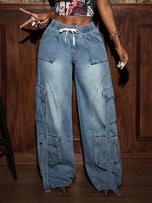 Slaydiva 女式休闲做旧抽绳腰部多口袋宽松牛仔裤，秋季 - 藍色 - 查看 4