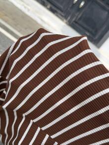 Chiquease [Herbst Neuankunft: Eleganter Preppy - Stil 2 in 1] Retro Braun - Weiß Fein - Gestreiftes Slim - Passform Gestricktes T - Shirt, mit weißem Hemdkragen & Manschetten, ein sanfter und schicker Slim - Passform Langarm Layering Top - Kaffeebraun - Übersicht 6