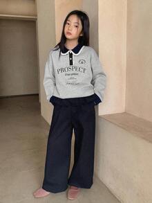 DAZY 2件套女童针织领抓绒印花卫衣裤套装，秋冬季 - 灰色 - 查看 4