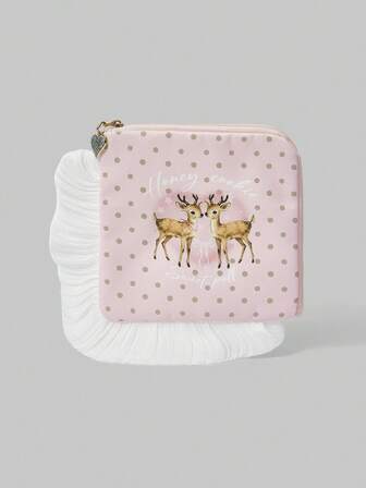 Kawaii 1 pieza Bolsa de maquillaje portátil de gran capacidad con patrón de cerezas de moda y ribete de encaje cuadrado, 15x15cm