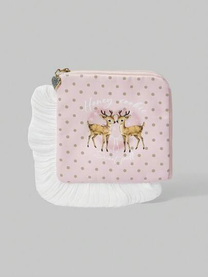 Kawaii 1pc Large Capacity Portable Makeup Bag With Fashionable All-Over Cherry Pattern And Square Lace Trim, 15x15cm