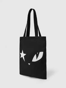 ROMWE Kawaii Reusable Canvas Tote Bag With Allover Print Eye/Moon/Star Pattern, Shoulder Bag Design Suitable For Shopping