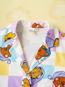 GARFIELD | SHEIN Set Piyama Musim Gugur/Dingin untuk Anak Perempuan Remaja Motif Kartun Beruang Kotak-kotak Warna-warni Atasan Lengan Panjang Berkerah dan Celana Panjang Lebar - MultiWarna - View 4