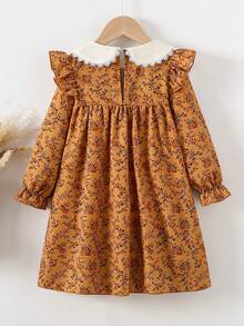SHEIN Vintaside Kids Vestido de manga larga con cuello Peter Pan y línea A con estampado floral pequeño, adecuado para uso diario, primavera, para niña