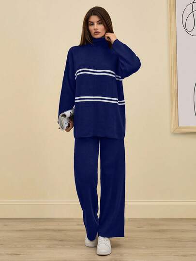 SHEIN Tall 2pcs Striped Print Turtleneck Long Sleeve Sweater Top And Solid Color Pants Knit Set