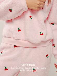 LUVLETTE 冬季基础款柔软保暖女式圆领套头衫长袖长裤睡衣家居服两件套粉色樱桃图案圣诞节新年睡衣款式 2025 - 粉色 - 查看 4