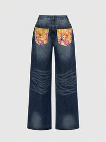 ROMWE J-Fashion 亚文化秋冬新款中国风汉字印花刺绣复古低腰女式牛仔裤 - 藍色 - 查看 2