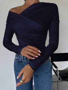 Firerie Women's Casual Asymmetrical Neck Long Sleeve Fitted T-Shirt, Solid Color, Spring/Autumn,Fall,Fall Clothes For Women