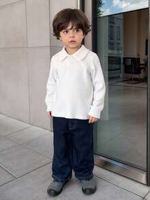 SHEIN Playful Pals Baby Boy Solid Color Polo Collar Long Sleeve Casual Top - Multicolor - View 9