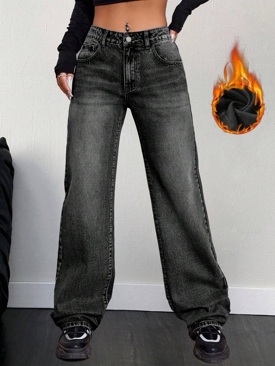 SHEIN EZwear 女士带口袋保暖内衬宽松阔腿休闲牛仔裤 - 黑色 - 查看 1