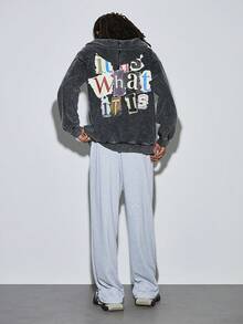 Modcrash 秋冬季“顺其自然”图案男士连帽卫衣，略带弹性的做旧水洗棉黑色长袖开衫拉链卫衣，户外日常休闲外套 - 黑色 - 查看 4