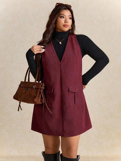 Elaquor 大码女式纯色口袋设计休闲吊带连衣裙，秋季