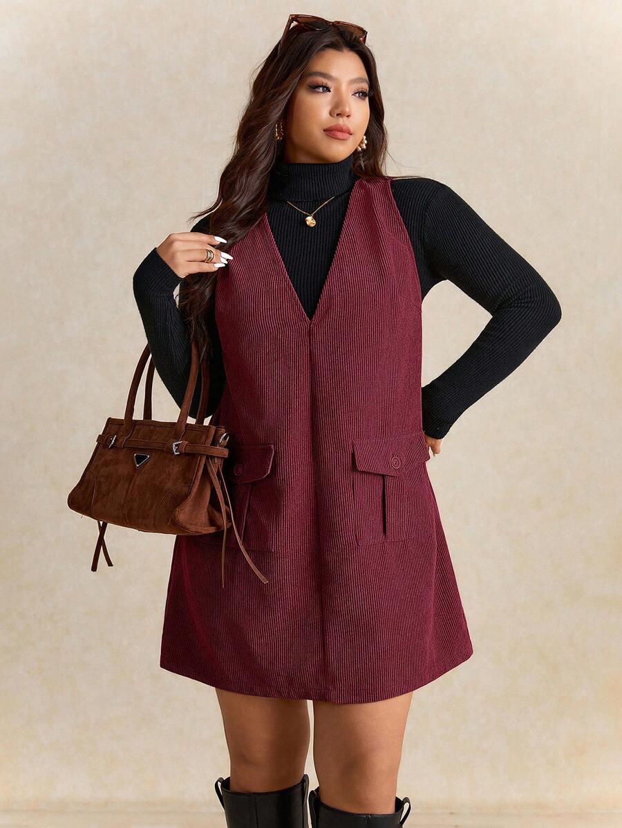 Elaquor 大码女式纯色口袋设计休闲吊带连衣裙，秋季 - 酒紅色 - 查看 1