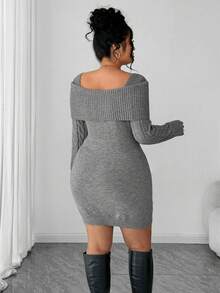 SHEIN Elenzya 大码女式纯色露肩扭纹针织毛衣裙 - 灰色 - 查看 2