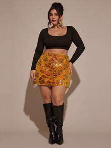 SHEIN BAE Jupe mini fendue à taille basse, style vintage western, avec broderie pailletée orange pour les grandes tailles. Jupe mini pailletée orange pour femmes, pour les fêtes, Halloween, Noël, soirées, retour à l'école, cocktails, tenues élégantes, costumes d'Halloween, Nouvel An, Thanksgiving