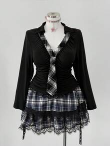 Sunspun Plus Size Women Vintage Romantic Casual Y2K Office/School Commute Pullover Long Sleeve T-Shirt With Bow Collar Decor, Versatile Punk Style, Lightweight, Suitable For Spring/Autumn, Christmas, Party - Black - View 1