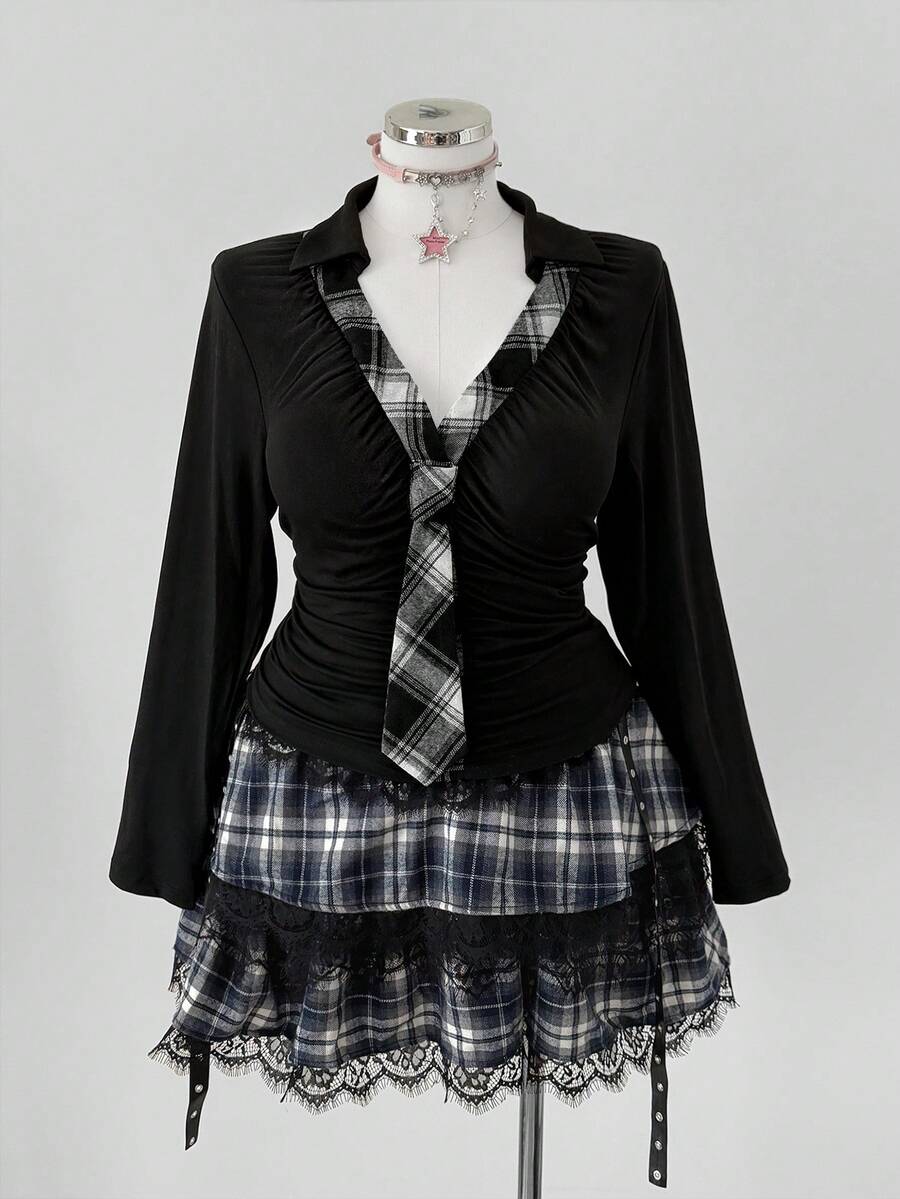 Sunspun Plus Size Women Vintage Romantic Casual Y2K Office/School Commute Pullover Long Sleeve T-Shirt With Bow Collar Decor, Versatile Punk Style, Lightweight, Suitable For Spring/Autumn, Christmas, Party - Black - View 1