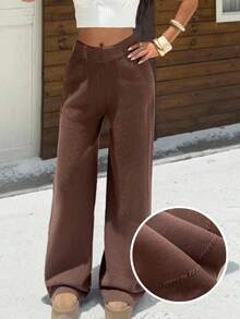 Muchica 女士休闲棕色阔腿针织裤，秋冬 - 棕色 - 查看 1