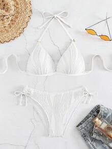 Swim SXY 纹理比基尼套装 环扣吊带聚拢文胸和系带侧边下装 2 件比基尼，夏季海滩 - 白色 - 查看 4