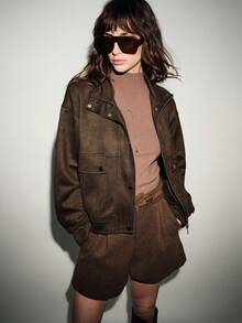 Lumivelle Autumn New Women's Retro Loose Version Stand Collar Long Sleeve Faux Suede Short Jacket, 25 Early Autumn European And American Fashion Casual Stand Collar Long Sleeve Jacket, Vintage Workwear Jacket