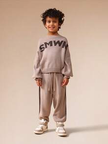 SUMWON Toddler Boys Knitted Sweater And Jogger Co Ord Set With Letter Print For Casual Everyday Wear