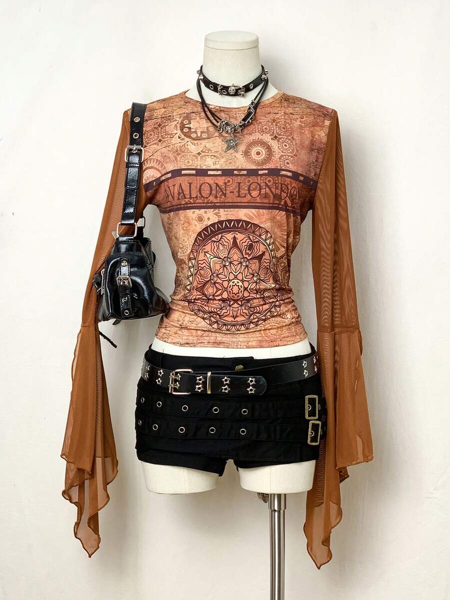 EgrlEra Women's Graphic Print Mesh Fabric Metal Ring Sexy Retro T-Shirt