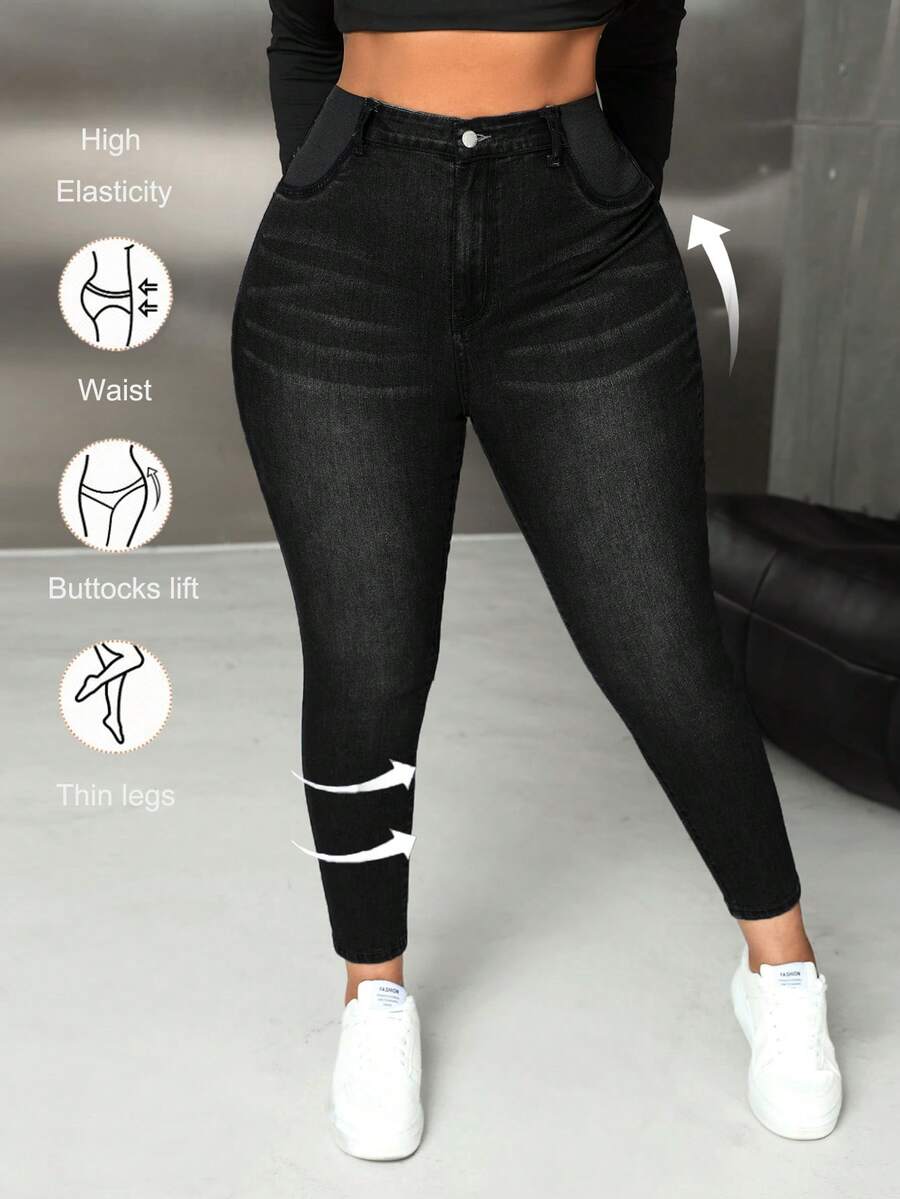 SHEIN SXY 女式大码牛仔裤 紧身弹力牛仔裤 深蓝色牛仔裤 外出下装 女式紧身裤 女式牛仔裤 秋季裤子 牛仔裤 返校节秋装