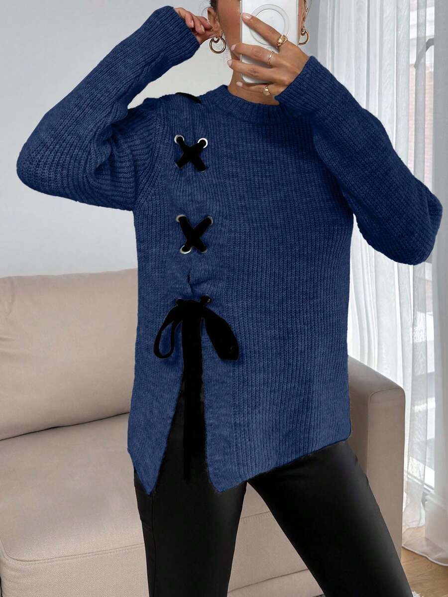 SHEIN Tall Tall Casual Contrast Color Cross Cord Placement Rib Knit Sweater With Slit - Blue - View 1